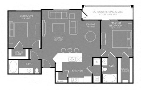 Floor plan for 2 beds, 2 baths, 1119 sqft